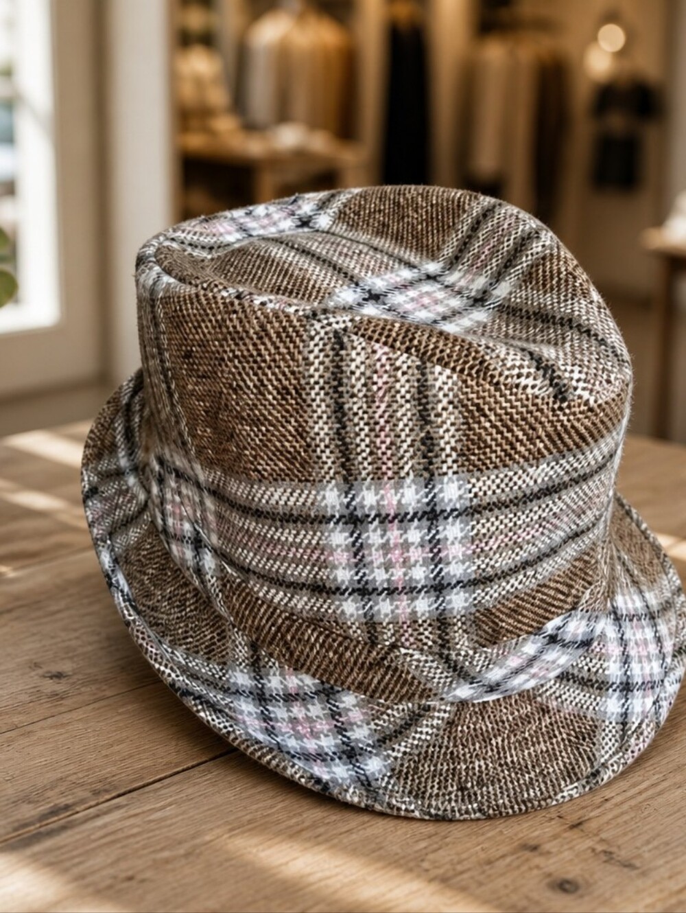 VINTAGE Milani Women's Pink Brown Plaid Wool Blend Bucket Fedora Hat Italian